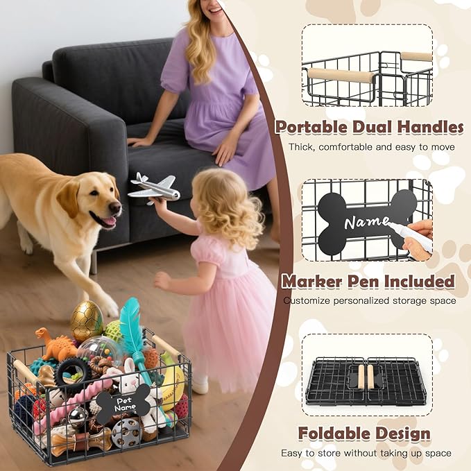 Dog Toy Basket, Chew-Proof Metal Dog Toy Bin with Handles, Pet Stuff Storage Organizer Box for Dogs with Marker Pen, Portable & Foldable Puppy Toys Basket for Living Room, 15.8''×11.8''×11.8''