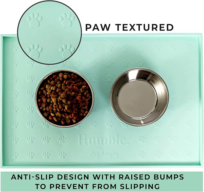 Humble Pet Food Mat Feeding Tray - Non-Slip, Anti-Spill, Raised Dog Food Bowl Mat, Easy Clean Waterproof - Premium Quality Silicone - Perfect for Dogs and Cats, 24"x16" (Cool Mint)