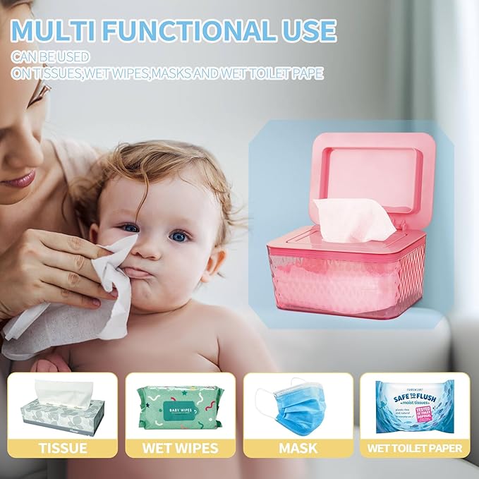 Whiidoom Wipes Dispenser, One-Handed Operation Wipe Holder for Baby & Adult, Seal-Designed Wipes Container for Bathroom Keep Diaper Wipes Fresh (2 Pack Pink)