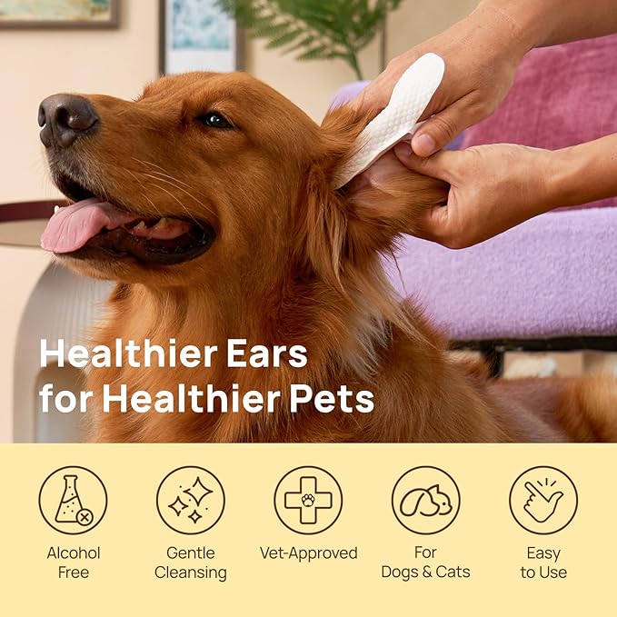 HICC PET Ear Cleaner Finger Wipes for Dogs & Cats, Vet-Recommended Dog Ear Infection Treatment to Relief Itching & Inflammation, Remove Wax, Dirt & Stop Smelly, Non-Irritating, 50ct(Coconut Scent)