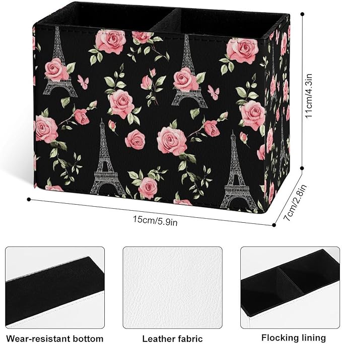 Famame White Line Eiffel Tower Rose Pencil Holder for Desk, Leather Desktop Container Pen Cup Storage Study Table Pen Organizer Makeup Brush Holder for Classroom Office Home