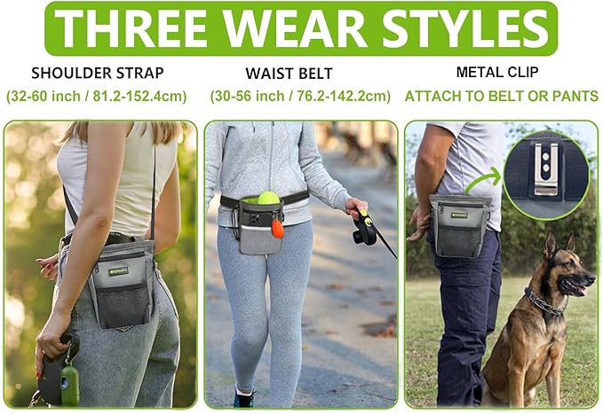 Magnetic Dog Treat Pouch - Large Treat Pouches for Pet Training with Multiple Pockets, Poop Bag Dispenser & Phone Holder, 3 Wear Styles, Ideal Dog Treat Bag for Training & Walks
