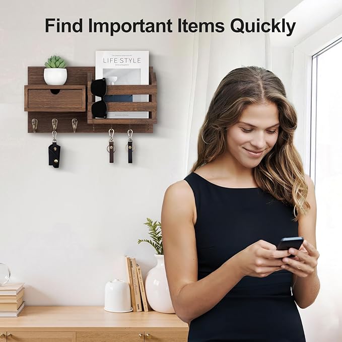 Wall Mount Key Holder with Mail Organizer, 100% Paulownia Wood, 7 Metal Hooks, Storage Drawer, Entryway Home Decor (Brown)