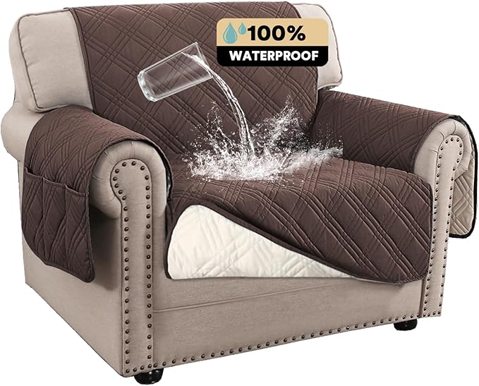 PrinceDeco 100% Waterproof Chair Sofa Slipcover for Living Room Water Resistant Couch Cover Furniture Protector Cover with Elastic Straps for Pets Kids Children Dog Cat(Chair 23", Brown)