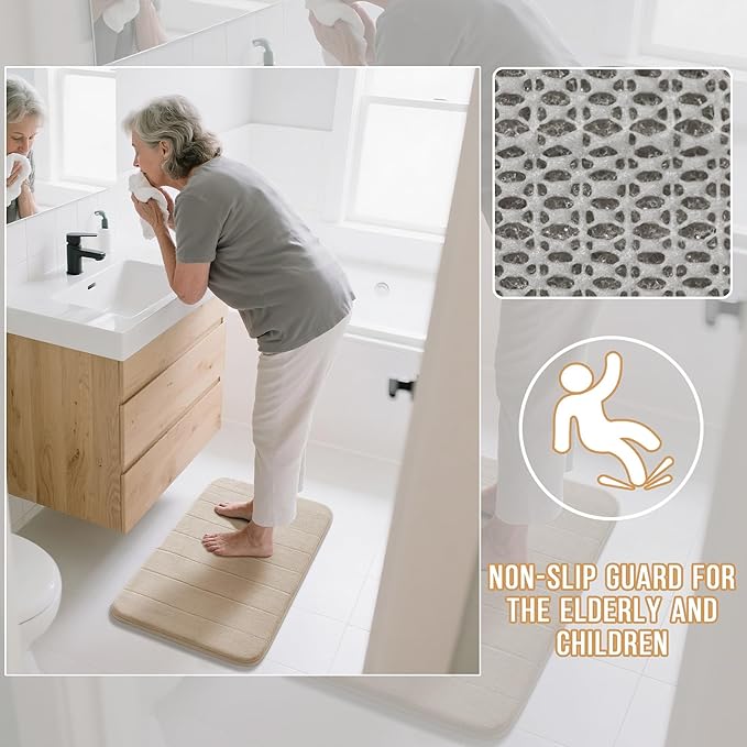 Yimobra Large Bath Mat 36"x24", Super Soft Quick Dry Memory Foam Bathroom Rug, Water Absorbent, Non Slip Backing Machine Washable for Tub Shower, Thick Comfort Support, Beige
