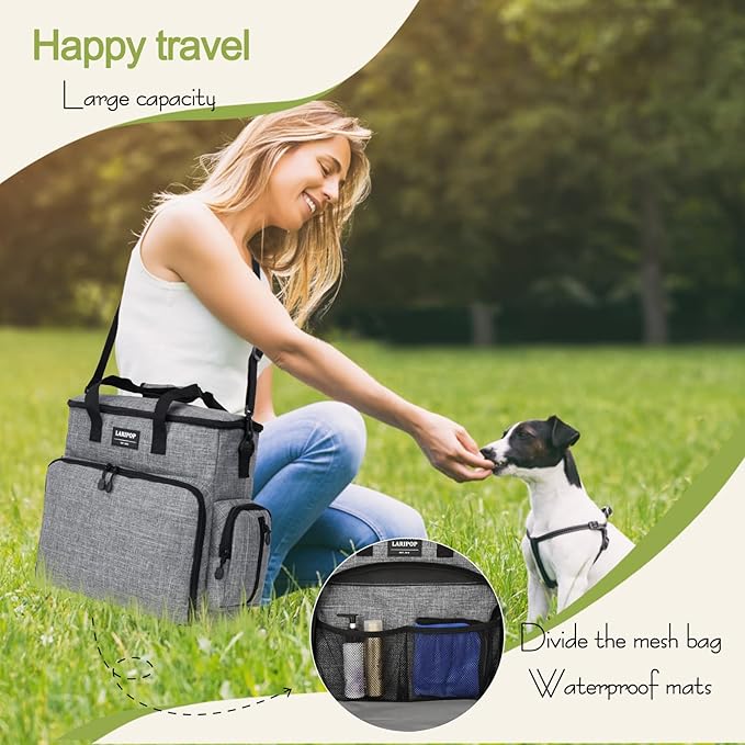 LARIPOP Dog Travel Bag,Weekend Pet Travel Bag Set,Airline Approved Tote,Multi-Function Dog Bags for Traveling,Include 2 Collapsible Bowls,2 Food Storage Containers,1 Feeding Mat,Gray