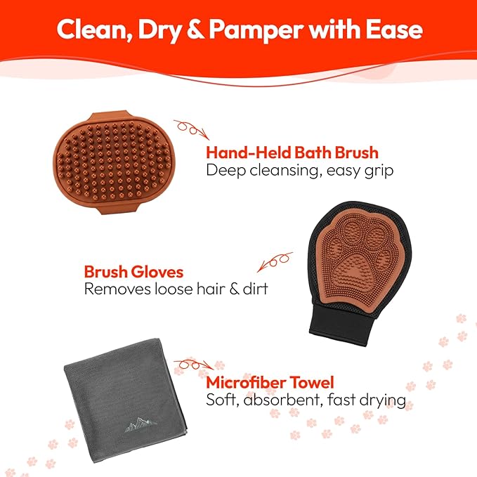 PW Pet Grooming Tools for Dogs & Cats- 3 Pack Dog Bathing Set- Safe On Skin Super-Absorbent Microfiber Towel – Soft & Gentle Brush Glove and Hand-Held Dog Bath Brush