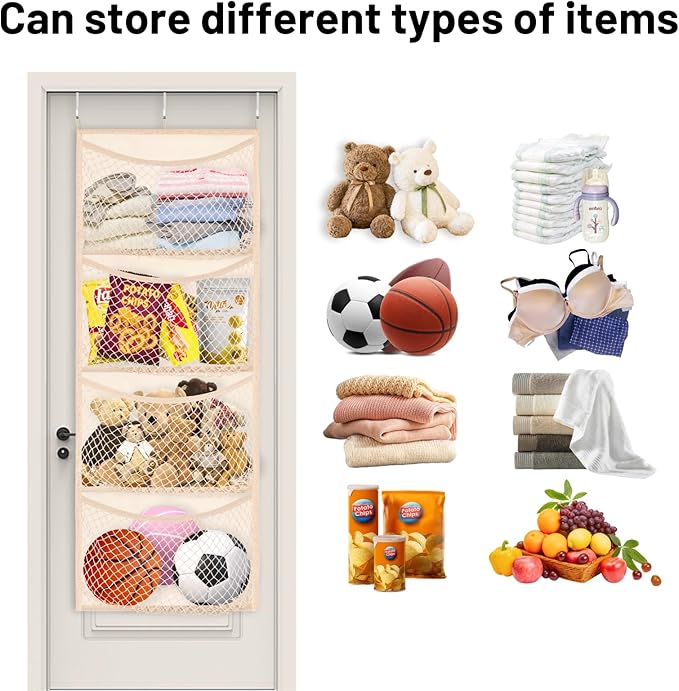 Wide Over The Door Stuffed Animal Storage, Cotton Toy Organizer for Plush Toys, Baby Supplies, Stuffed Animal Holder with 5 Large Pockets, Hanging Door Organizer for Nursery, Bedroom, Kids Room