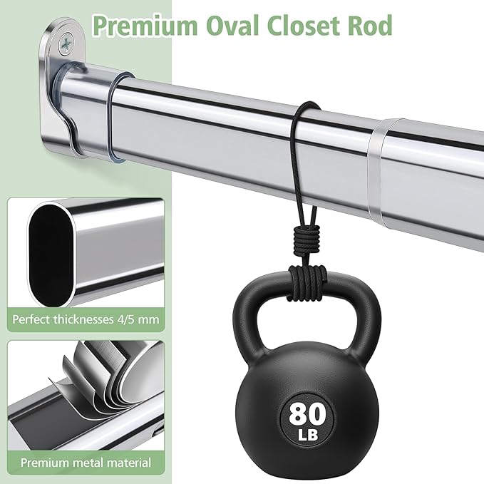 Premium Oval Closet Rod for Hanging Clothes 51"-70"- Heavy Duty, Length Adjustable, No-cut
