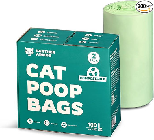 Panther Armor Litter Bags - 200x Unscented Compostable Cat Poop Bags 16x12in- Kitty Leak Proof Box Trash, Odor Proof Litter Disposal Bags