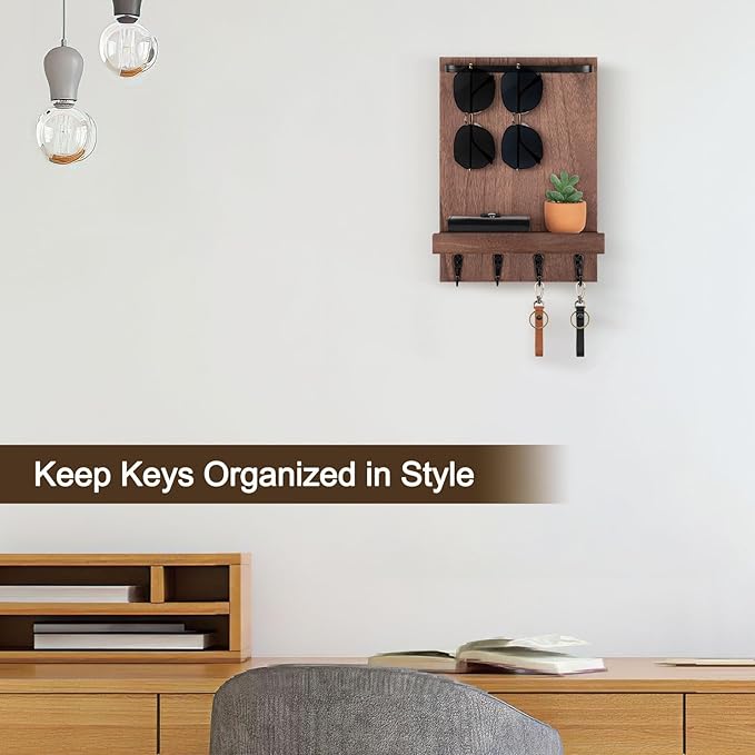 Lucundm Key Holder Wall Mount, Key Holder for Wall with 4 Hooks, Farmhouse Key Hanger Holds Dog Leash, Sunglasses, Decorative Mail Organizer Home Decor (Brown)