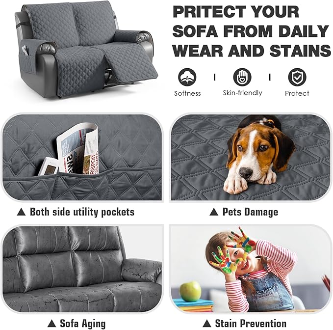 TAOCOCO 100% Waterproof Recliner Couch Covers, Recliner Sofa Covers with Leg Straps, 1-Piece Washable Reclining Sofa Cover with Pocket Couch Protector for Pets Kids(2 Seater, Dark Grey)