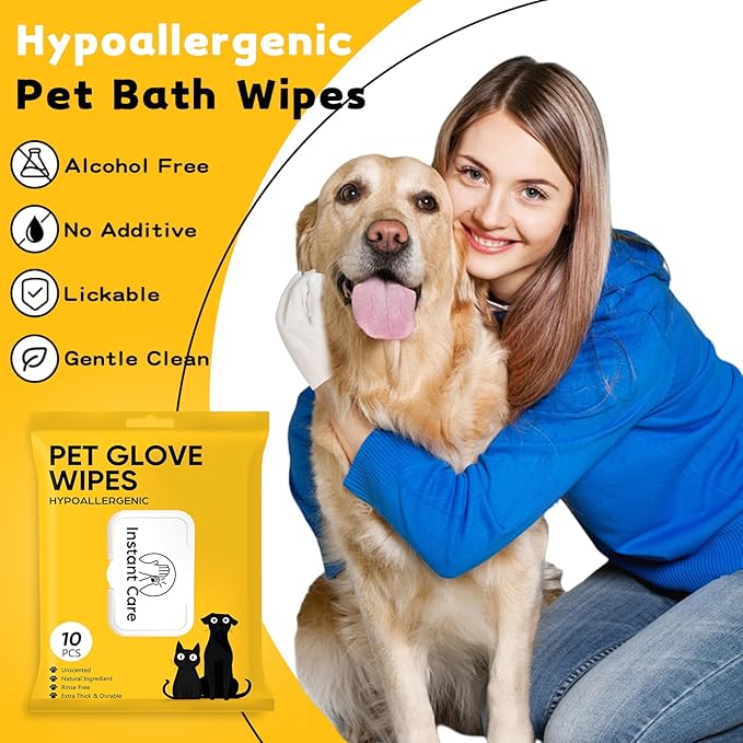 Pet Glove Wipes for Dogs Cats - Unscent Dog Washing Wipes & Waterless Cat Bathing Gloves Cleaning Deodorizing Grooming Wipe for Fur Paws Butt Face, Disposable Rinse Free Shampoo Mittens,10PCS