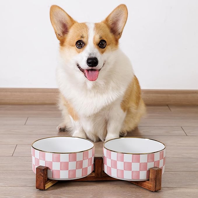 Ceramic Dog Bowls for Medium Dogs, 3.5 Cup Checkered Dog Food and Water Bowl with Acacia Wood Stand, Non-Slip Anti-Tip Elevated Feeding Station, Black and White
