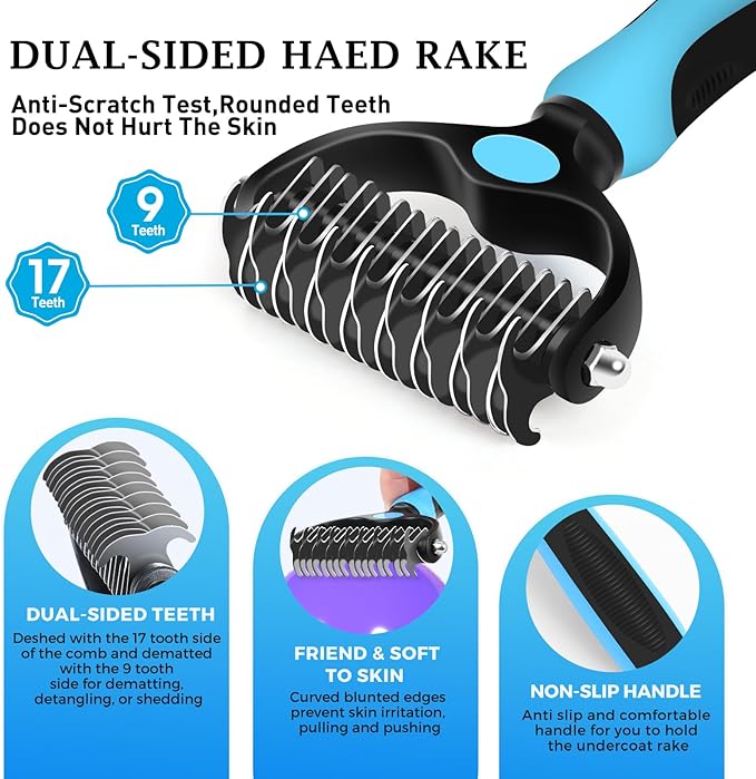 Dog Brush Kit - Self-Cleaning Slicker Brush with Bath Brush & Undercoat Rake | Deshedding Tools for Large - Small Dogs & Cats, Professional 3-in-1 Pet Grooming Set for Heavy Shedding, Blue