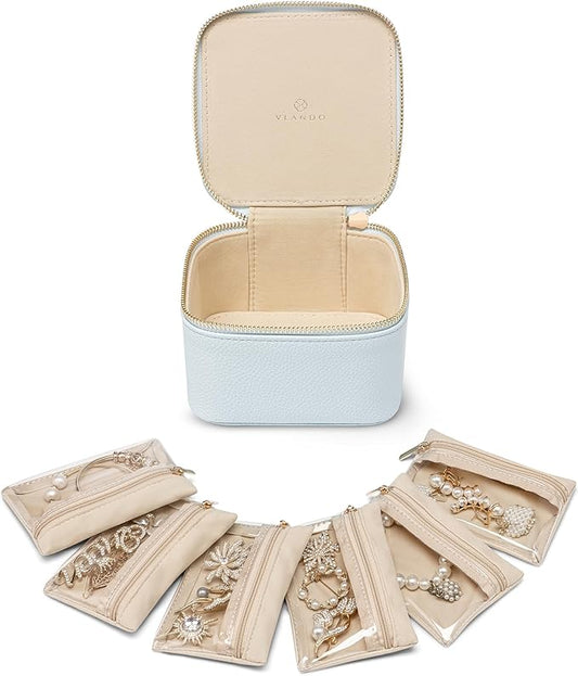 Vlando Jewelry Travel Case,Travel Jewelry Organizer with Clear Velvet Jewelry Bags 6Pcs Zipper Pouch for Women Wedding,Birthday Gift-Baby Blue