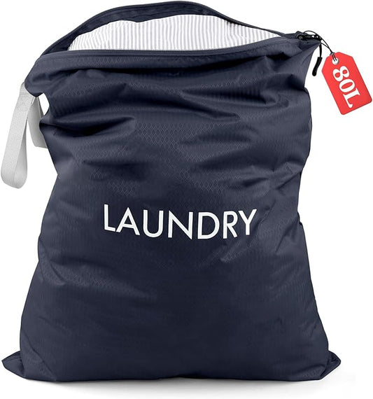WiseBoy Laundry Bag, 23.6x35 inch Oversized Laundry Bags, Travel Laundry Bag Dirty Clothes Organizer, Nylon Wet Dry Storage Bag for College Dorm, Camping, Caravan, Navy Blue