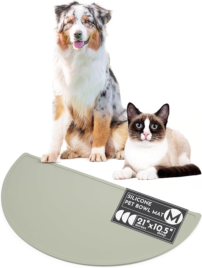 Should We Go? Waterproof Silicone Pet Food Mat - Non-Slip, Spill-Proof Feeding Mats for Floors, Raised Edge Design, Easy-to-Clean Mat for Dog & Cat Bowls, 21" Across x 10.5" Deep, Medium-Sage Green