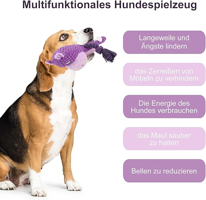 TONYFY Dog Toys, Dog Squeaker Toys with Crinkle Paper, Stuffed Animal Dog Plush Chewing Toy, Cotton Rope Interactive Toys for Puppy, Small, Middle Dogs (Purple Hippo)