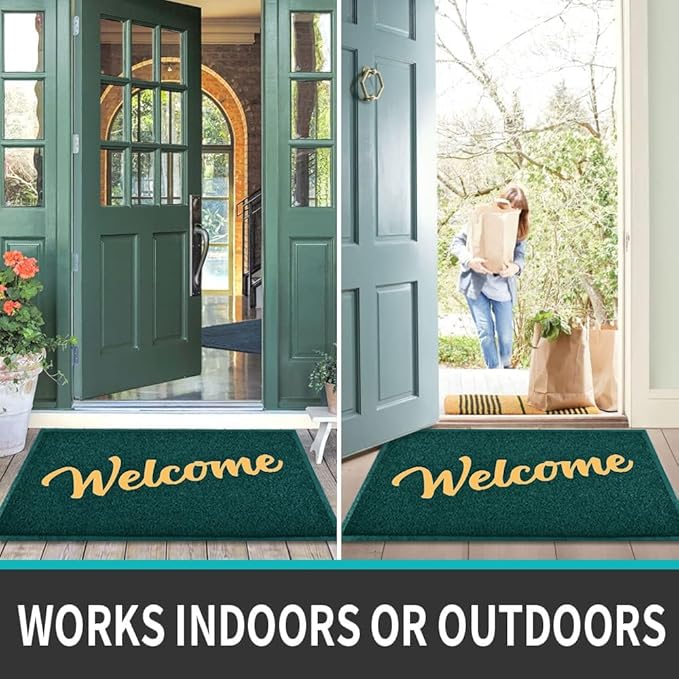 T.HENV Welcome Mat Outdoor Indoor, 36x24, Green-Gold, Waterproof, Non Slip, Easy Clean