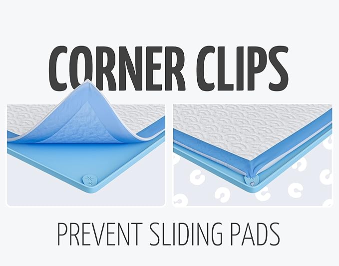 TidyFriend 3 Pk Pee Pad Holder Tray for 30” x 23” Pee Pads with Corner Lock Holes, Raised Edges, Non-Spill, Easy to Clean Silicone Dog Potty Tray Holder, for Indoor Floor Protection (Blue)
