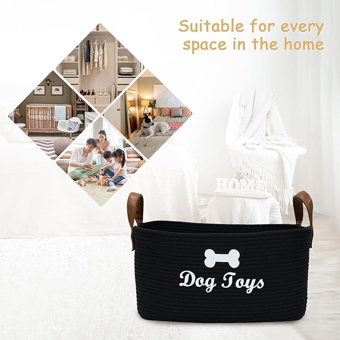 Large Cotton Rope Dog Toy Basket Storage,16.5"x10.6"x 7.5" Dog Toy bin,Puppy toy basket,-Perfect for organizing pet toys,blankets,leashes,pee- mats and diapers-Black