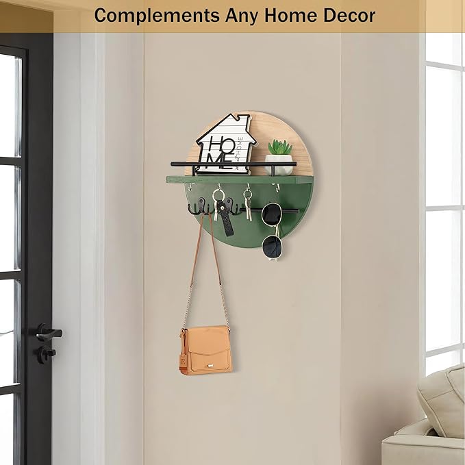 Key Holder for Wall Decorative with Shelf and Hooks, Mail Organizer Wall Mount with Sunglasses Holder, Circular Design Entryway Key Rack Hanger, Rustic Home Decor