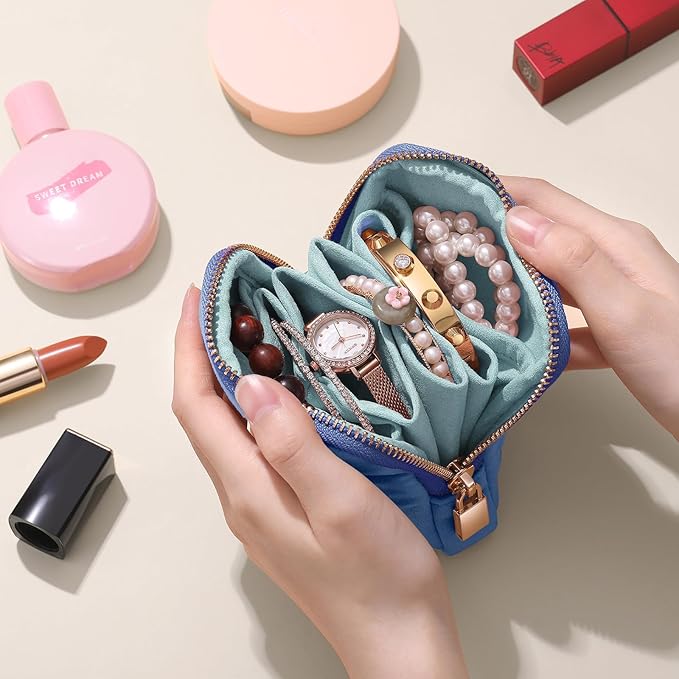 Small Travel Jewelry Case Set 2-in-1 Detachable Velvet Pouches, Portable Jewelry Organizer bag for Rings Earrings Bracelets, Gift Box for Women (Aqua Blue)