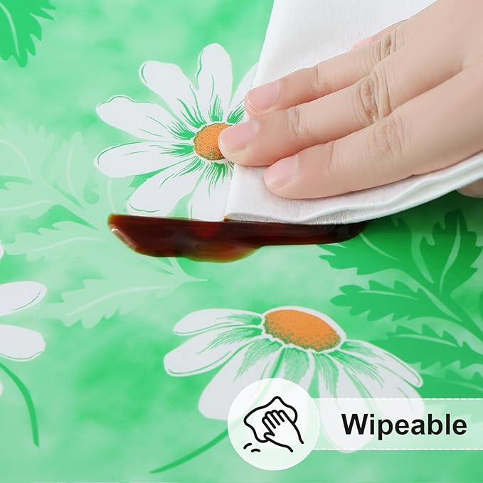 misaya Rectangle Vinyl Tablecloth, Fitted Table Cover, 100% Waterproof, Elastic Edge, Plastic Table Cloth Fit 5 Foot Folding Tables for Picnic, Camping, Outdoor (Green Daisy, 30x60 inch)