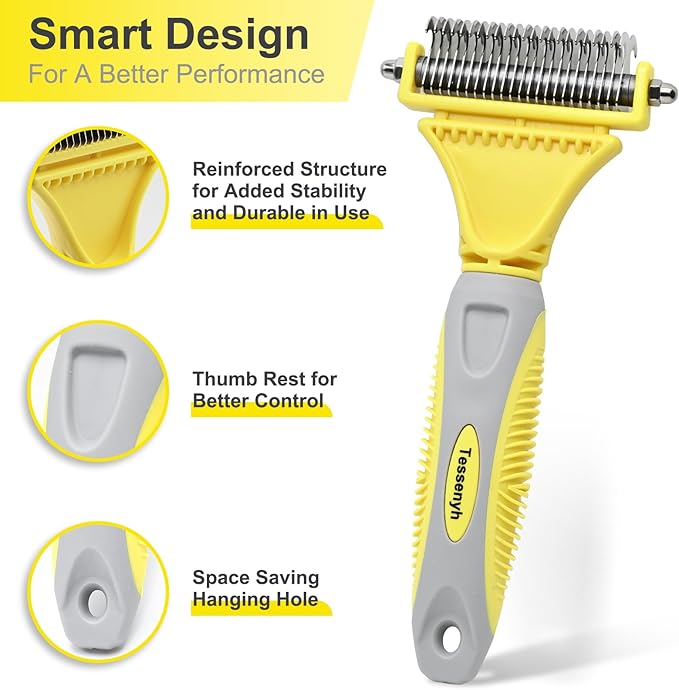 Tessenyh Professional Dog Brush for Shedding, Undercoat Rake for Medium and Long Haired & Double Coated Dogs, Double Sided Design with 12+23 Blades