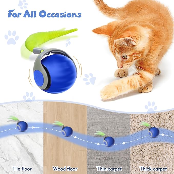 Upgraded Speedy Interactive Cat Ball 4.0 Toys with 2 Optional Tails, Smart Moving Ball Cat Toy for Bored Indoor Cats, Rechargeable & Detachable Automatic Kitten Rolling Balls Toy (Blue)