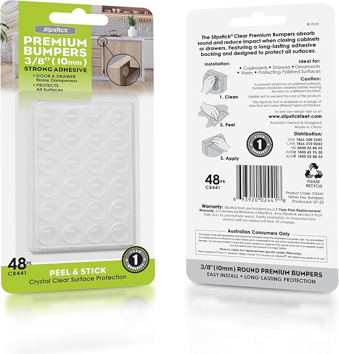 Slipstick Premium Cabinet Door Bumpers 3/8” Round Clear Adhesive Pads, Cabinet Stoppers, Rubber Bumpers for Drawers, Cupboards, Cutting Boards, Glass Tops, Picture Frames, Furniture, 48 Dampers