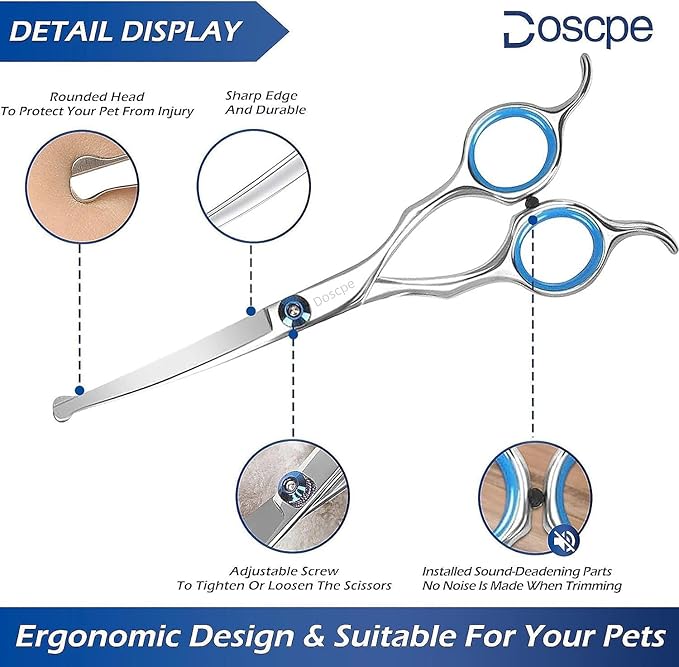 Doscpe 6 in 1 Professional Dog Grooming Scissors Set Pet Hair Cutting Shears Kit, Stainless Steel with Safe Rounded Tips for Dog Cat Other Animals, Right Left Handed