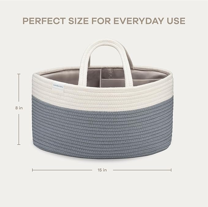 Comfy Cubs Rope Diaper Caddy Organizer 8.5" x 15" x 8" - Large Baby Diaper Basket with 3 Spacious Compartments - Stylish Cotton Baby Caddy Organizer for Diapers, Wipes & Essentials - Pacific Blue