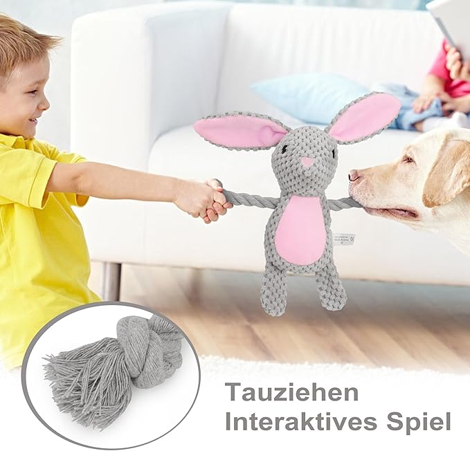TONYFY Dog Toys, Dog Squeaker Toys with Crinkle Paper, Stuffed Animal Dog Plush Chewing Toy, Cotton Rope Interactive Toys for Puppy, Small, Middle Dogs (Gray Rabbit)