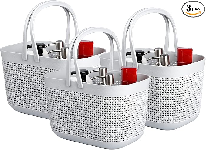 UUJOLY Plastic Organizer Storage Baskets with Handles, Shower Caddy Bins Organizer for Bathroom and kitchen (3 Pack, Grey)