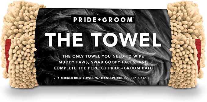 PRIDE AND GROOM The Towel – Thick, Soft, Super Absorbent Microfiber Towel for Dogs & Pets That is Quick Drying, Holds 7 Times its Weight in Water and Has Dual Pockets for Your Hands