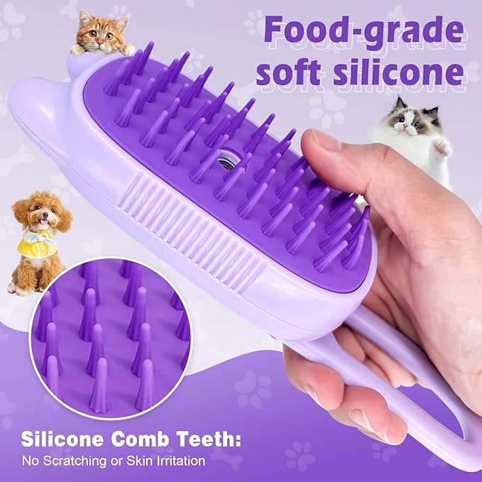 Cat Steam Brush for Dog & Cat, Spritz Defur Comb 3 in 1 Pet Rechargeable Steam Brush Tool for Long and Short Haired Cats and Dogs, Anti-Static, Shedding, Detangling, Massage & Combing (Purple)