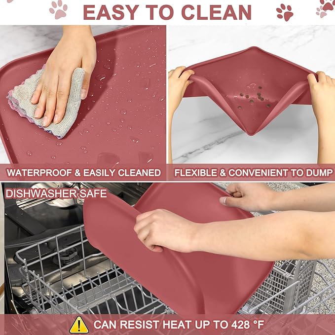 Silicone Pet Food Mat with Raised Edge for Food and Water Bowl, Dog Feeding Mats, Cat Food Trays for Floor Waterproof, Rubber Tray for Dogs and Cats, 24 x 16 x 0.8 Erythrinus