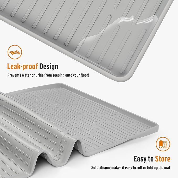 Silicone Cat Litter Mat, 24" x 17" Large Cat Litter Box Mat Litter Trapping Mat for Scatter Control, Waterproof, Soft on Kitty Paws, Clean Floor (Grey)