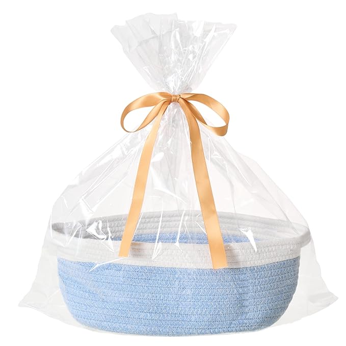 Small Woven Gift Basket Empty with Bag & Ribbon - Gifts for Mom, Baby Shower, Birthdays & Raffle - Cotton Rope Storage Basket for Dog Toys or Shelf - 12"x8"x5", White & Blue