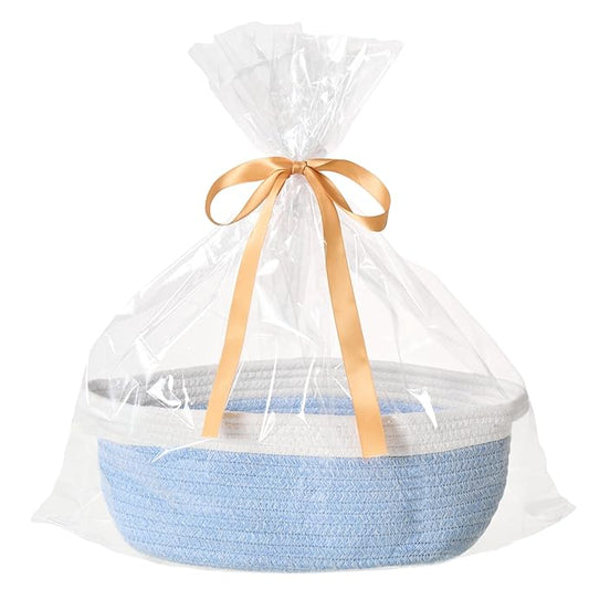 Small Woven Gift Basket Empty with Bag & Ribbon - Gifts for Mom, Baby Shower, Birthdays & Raffle - Cotton Rope Storage Basket for Dog Toys or Shelf - 12"x8"x5", White & Blue