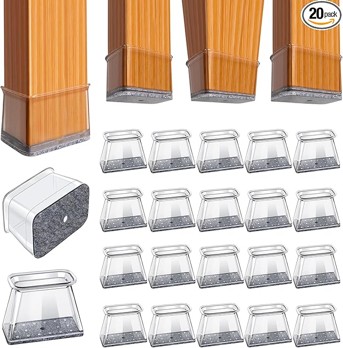 BUMACO Chair Leg Floor Protectors Rectangle Chair Leg Protectors for Hardwood Floors Silicone Pads Covers to Protect Floors(Clear-20 Pcs, Rectangle L Fit (L:1-1/2” ~ 2”,W:3/4” ~ 1”