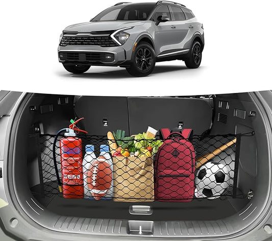Trunk Cargo Net for 2023-2025 2026 Kia Sportage Accessories Envelope Style Mesh Trunk Net Organizer and Storage Stretchable Adjustable Elastic Nylon Rear Cargo Netting with Hooks