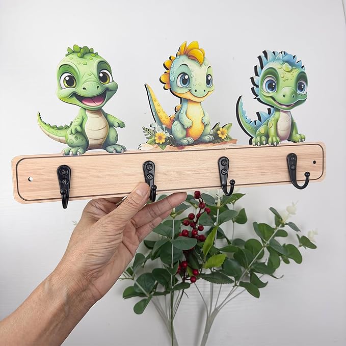 Midrean Dog Leash Holder for Wall Mount, Farmhouse Wooden Dog Claw Hooks, Paws Key Rack Accessories for Rustic Home Decor (Dinosaur)