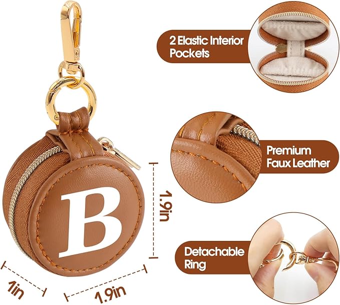 Mini Initial Travel Jewelry Case Ring Holder, Brown Faux Leather Small Jewelry Organizer Box Gifts for Women Girls Nurse Teacher, Gym Travel Accessories Keychain Pouch for Earrings Rings Necklace B