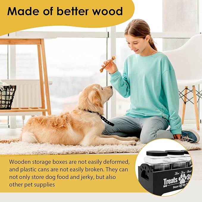 KarHoeGern Dog Treat Container for Countertop Dog Food Storage with 3 Plastic Treat Jars Wood Dog Food Container with Handles and Lids Farmhouse Practical Pet Cat Dog Treat Storage Containers (black)