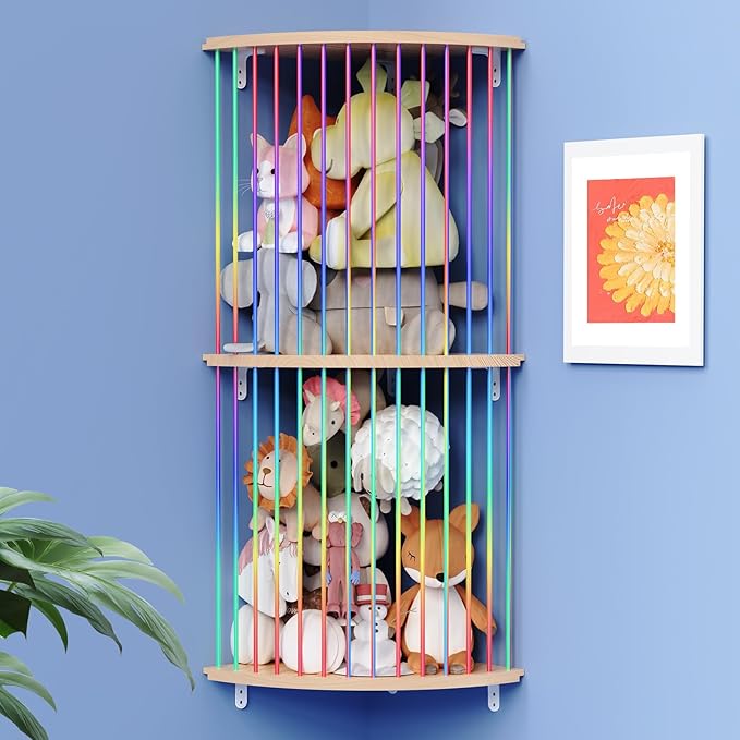 Stuffed Animal Storage Hammock, Wood Stuffed Toy Holder, Playroom Nursery Toy Storage Organizer, Decorative Wall Hanging Caddy Corner Stuffed Animal Net, Soft Toy Net for Kids Room Décor