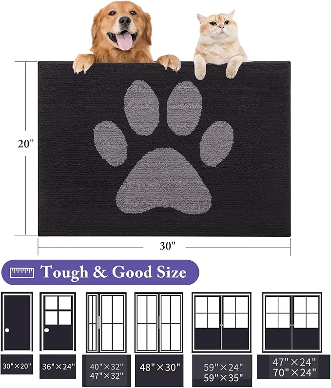 Buganda Dog Door Mat for Muddy Paws, Absorbent Dirt Trapper Non Slip Indoor Doormats, Washable Low-Profile Mat for Mud Dogs, Entryway Carpet for Inside Floor (48x30 Inches, Black and Grey)
