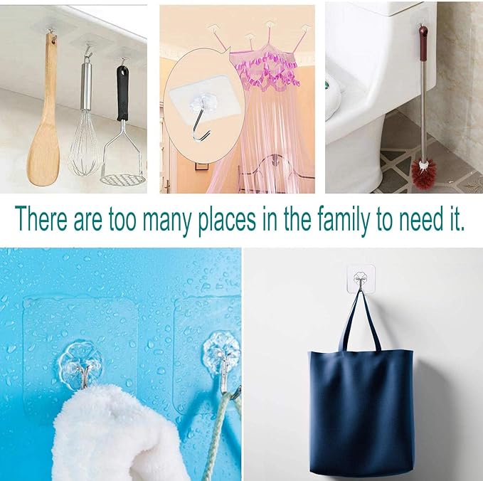 12 Pack Heavy Duty Self Adhesive Hooks - 33lb Max, Transparent, Waterproof, Sticky Wall Hooks for Keys, Bathroom, Shower, Outdoor, Kitchen, Door, Home Improvement, Utility | Heavy Duty, 33lb Max, Waterproof, for Keys, Bathroom, Shower
